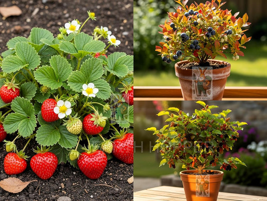 Exotic Dwarf Fruit Seeds Combo (60 Seeds) | Mulberry(sahtoot), Blueberry & Strawberry (20 Each) | All Season, Easy to Grow for Indian Home Gardens
